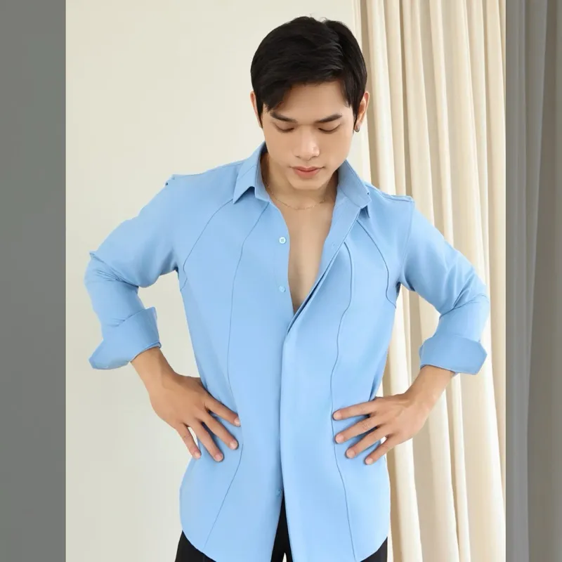 Ảnh Áo sơ mi nam tay dài màu xanh dương SIMTU viền line thời trang, chất liệu cotton lạnh cao cấp | SM037 4