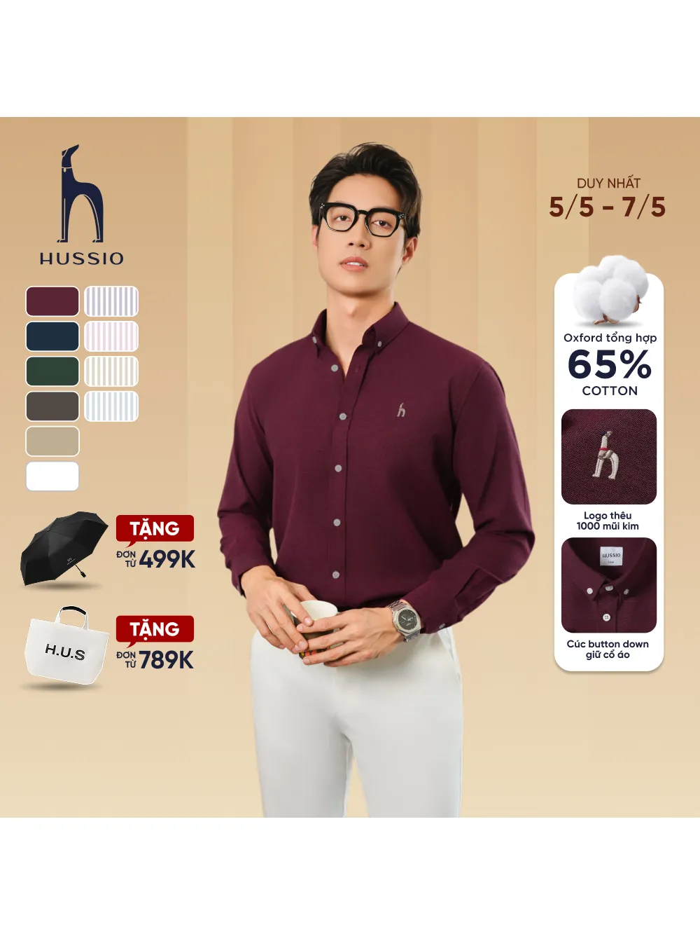 Ảnh Áo sơ mi nam tay dài SEASON "BA" thêu logo, vải Oxford cao cấp, thoáng mát, đứng form - HUSSIO 1