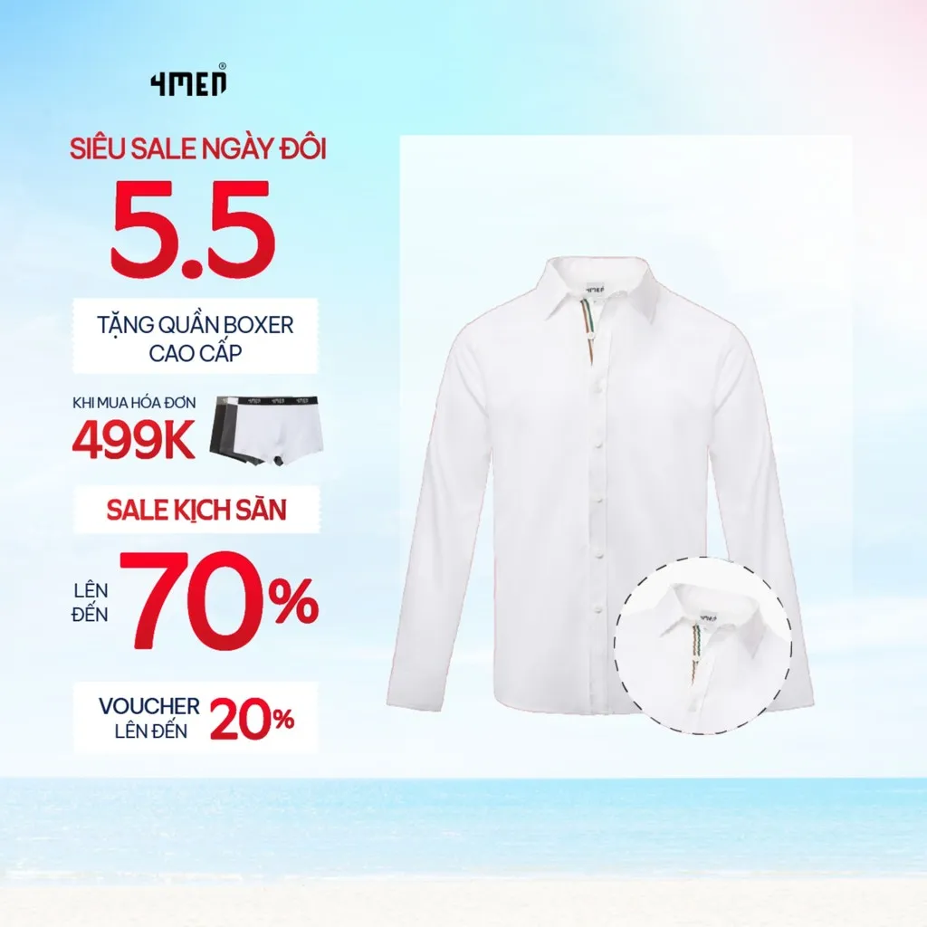 Ảnh Áo Sơ Mi Nam Tay Dài Trắng 4MEN SM162 Vải Lụa Chéo Đẹp, Phối Dây Sọc Ở Nẹp, Form Slimfit Trẻ Trung Tôn Dáng 1