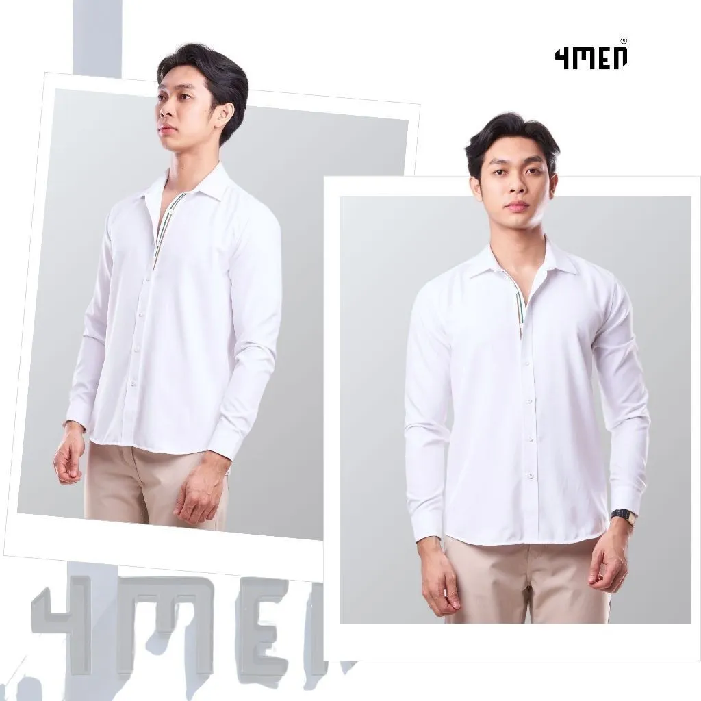 Ảnh Áo Sơ Mi Nam Tay Dài Trắng 4MEN SM162 Vải Lụa Chéo Đẹp, Phối Dây Sọc Ở Nẹp, Form Slimfit Trẻ Trung Tôn Dáng 2