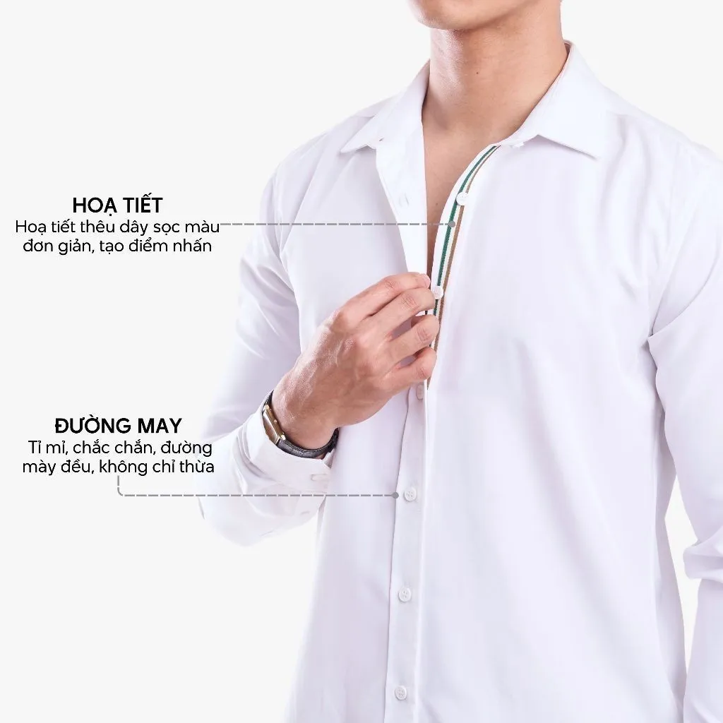 Ảnh Áo Sơ Mi Nam Tay Dài Trắng 4MEN SM162 Vải Lụa Chéo Đẹp, Phối Dây Sọc Ở Nẹp, Form Slimfit Trẻ Trung Tôn Dáng 4