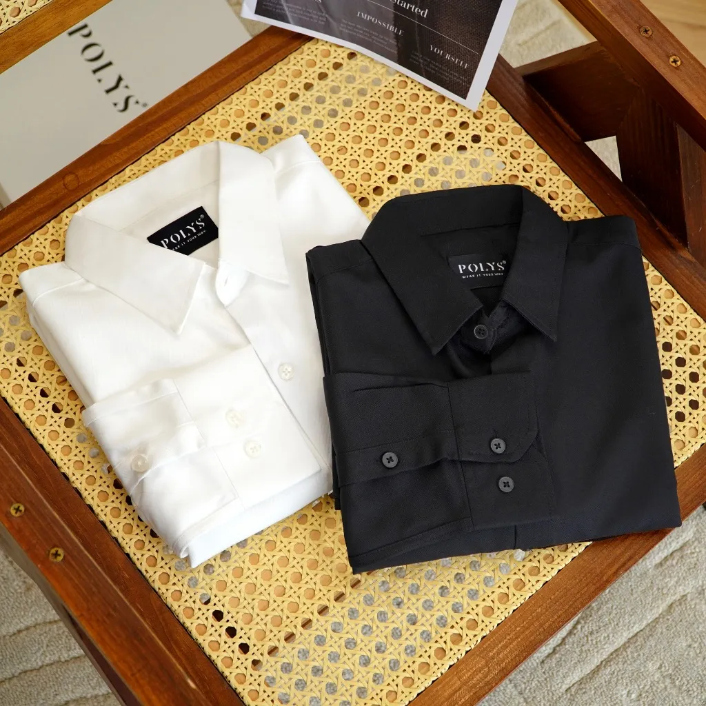 Ảnh Áo sơ mi nam tay dài Trắng Đen POLYS Fullbox, Vải Chéo Thái dày dặn, co giãn, thoáng khí LONG SLEEVE 2