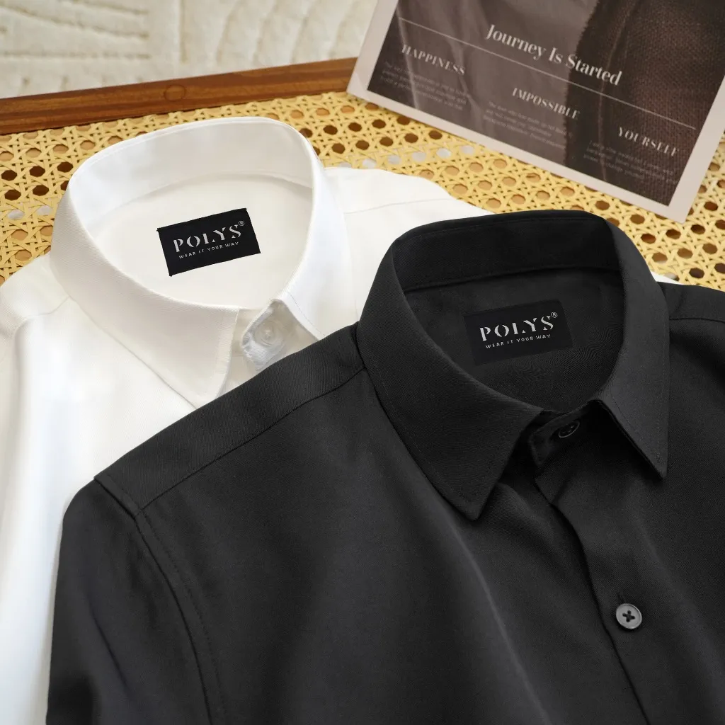 Ảnh Áo sơ mi nam tay dài Trắng Đen POLYS Fullbox, Vải Chéo Thái dày dặn, co giãn, thoáng khí LONG SLEEVE 3