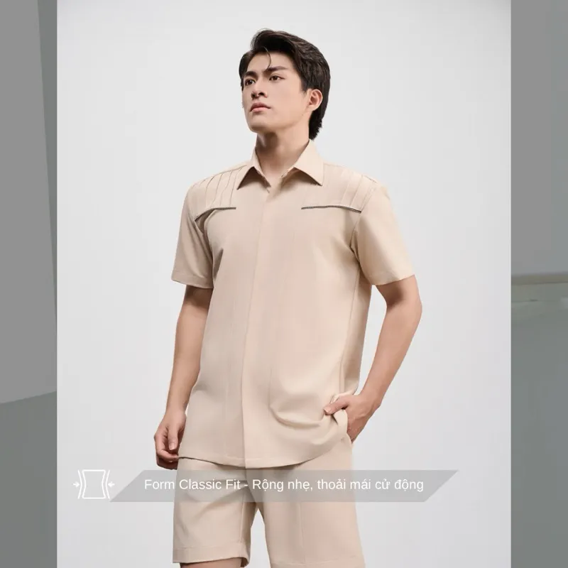 Ảnh Áo sơ mi nam tay ngắn cao cấp SIMTU màu nude kem - điểm nhấn dập ly hai bên thời trang | SM005 1