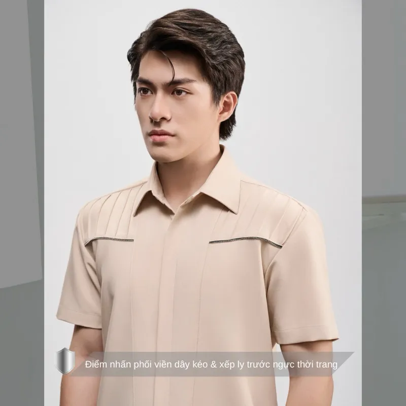 Ảnh Áo sơ mi nam tay ngắn cao cấp SIMTU màu nude kem - điểm nhấn dập ly hai bên thời trang | SM005 3