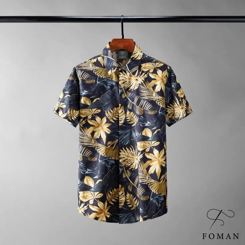Ảnh Áo sơ mi nam tay ngắn FOMAN chất vải lụa không nhăn, thấm hút, thoáng khí, hoạ tiết Lá Vàng GOLD LEAf (FM05) 2