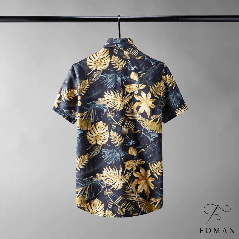Ảnh Áo sơ mi nam tay ngắn FOMAN chất vải lụa không nhăn, thấm hút, thoáng khí, hoạ tiết Lá Vàng GOLD LEAf (FM05) 3