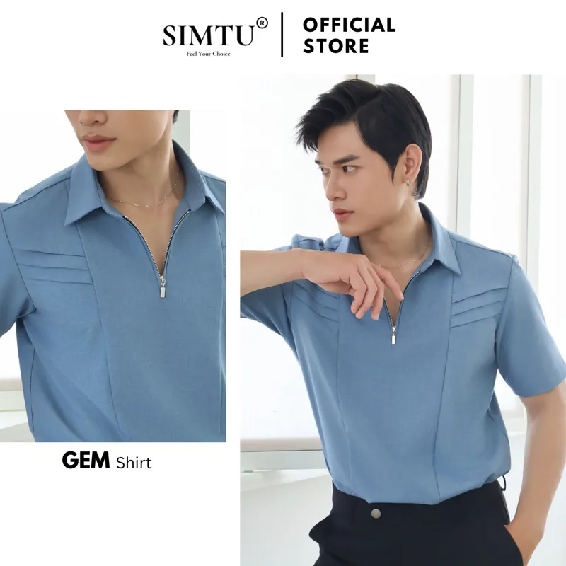 Ảnh Áo sơ mi nam tay ngắn màu xanh dương phong cách Hàn Quốc SIMTU điểm nhấn xếp ly, cổ dây kéo thời trang | SM040 1