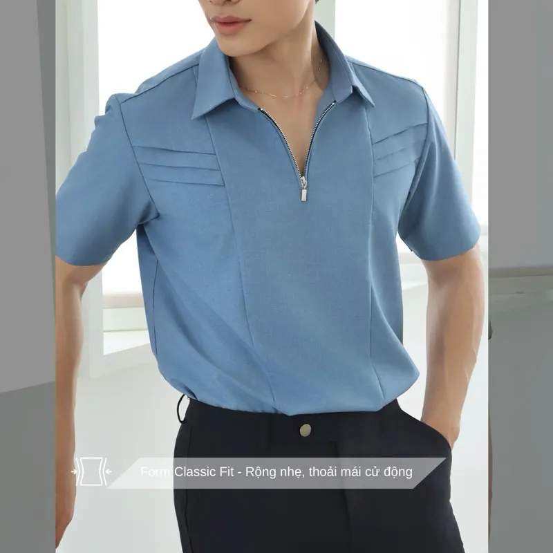 Ảnh Áo sơ mi nam tay ngắn màu xanh dương phong cách Hàn Quốc SIMTU điểm nhấn xếp ly, cổ dây kéo thời trang | SM040 2