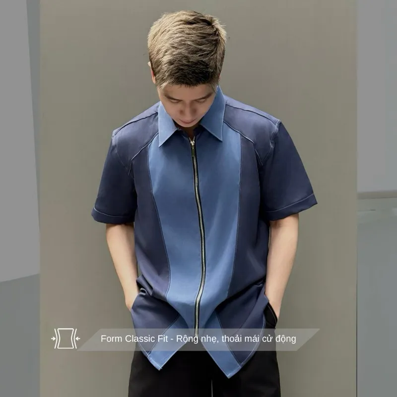 Ảnh Áo sơ mi nam tay ngắn màu xanh dương SIMTU phối 2 màu vải, chất liệu cotton thun - kalan lạnh cao cấp | SM010 1