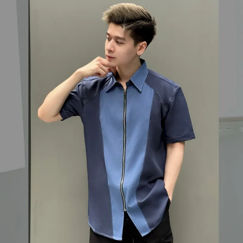 Ảnh Áo sơ mi nam tay ngắn màu xanh dương SIMTU phối 2 màu vải, chất liệu cotton thun - kalan lạnh cao cấp | SM010 4
