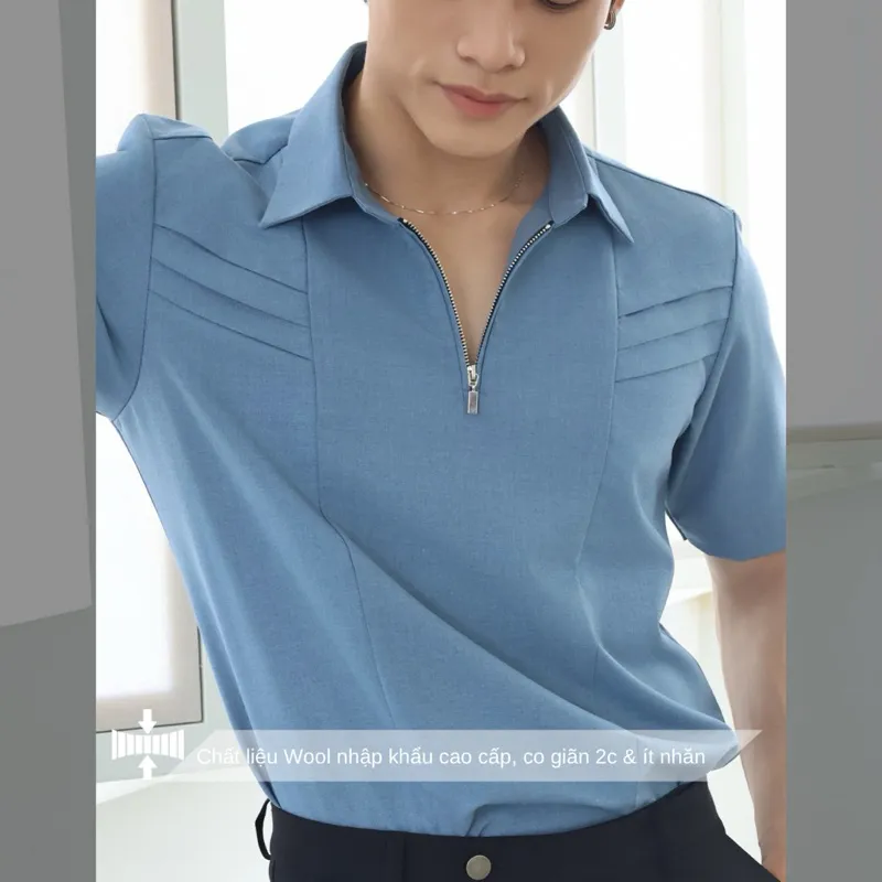 Ảnh Áo sơ mi nam tay ngắn màu xanh dương phong cách Hàn Quốc SIMTU điểm nhấn xếp ly, cổ dây kéo thời trang | SM040 3