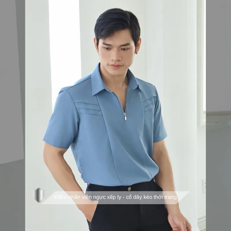 Ảnh Áo sơ mi nam tay ngắn màu xanh dương phong cách Hàn Quốc SIMTU điểm nhấn xếp ly, cổ dây kéo thời trang | SM040 4
