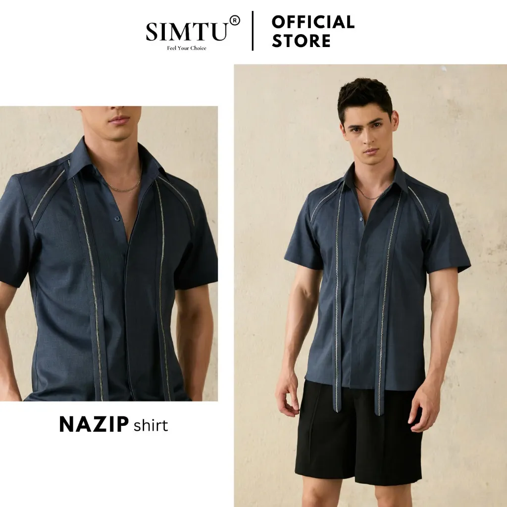 Ảnh Áo sơ mi nam tay ngắn màu xanh navy SIMTU chất liệu cotton vân gỗ cao cấp phối cùng nẹp dây kéo thời trang | SM055 1