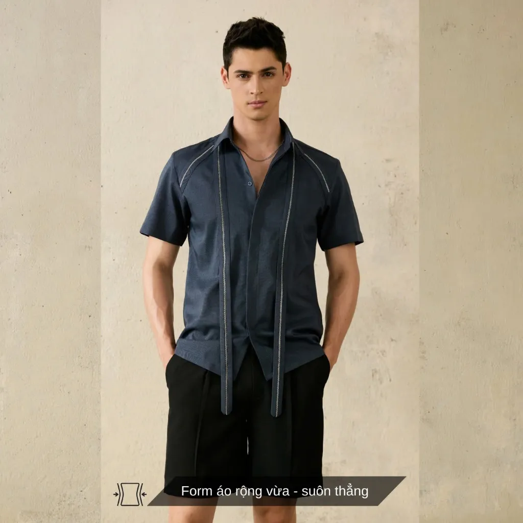 Ảnh Áo sơ mi nam tay ngắn màu xanh navy SIMTU chất liệu cotton vân gỗ cao cấp phối cùng nẹp dây kéo thời trang | SM055 3