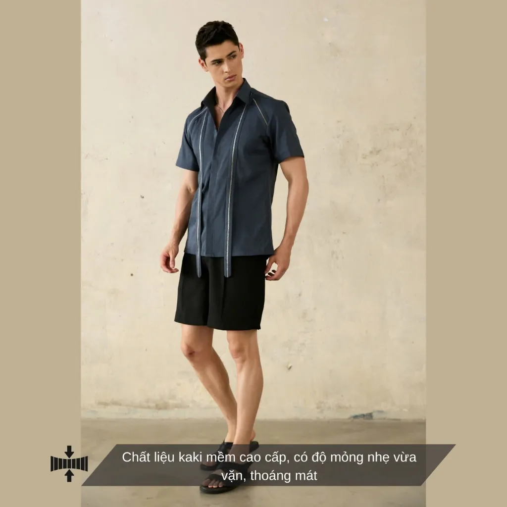 Ảnh Áo sơ mi nam tay ngắn màu xanh navy SIMTU chất liệu cotton vân gỗ cao cấp phối cùng nẹp dây kéo thời trang | SM055 4