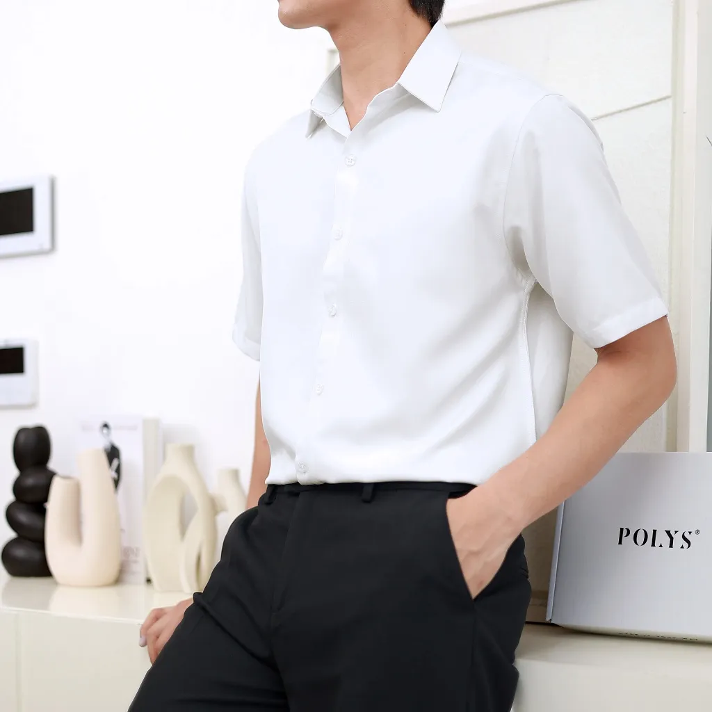 Ảnh Áo sơ mi nam tay ngắn Trắng Đen POLYS Fullbox, Vải Chéo Thái mềm mịn Sơ mi Trắng Đen Tay Ngắn BASIC 2