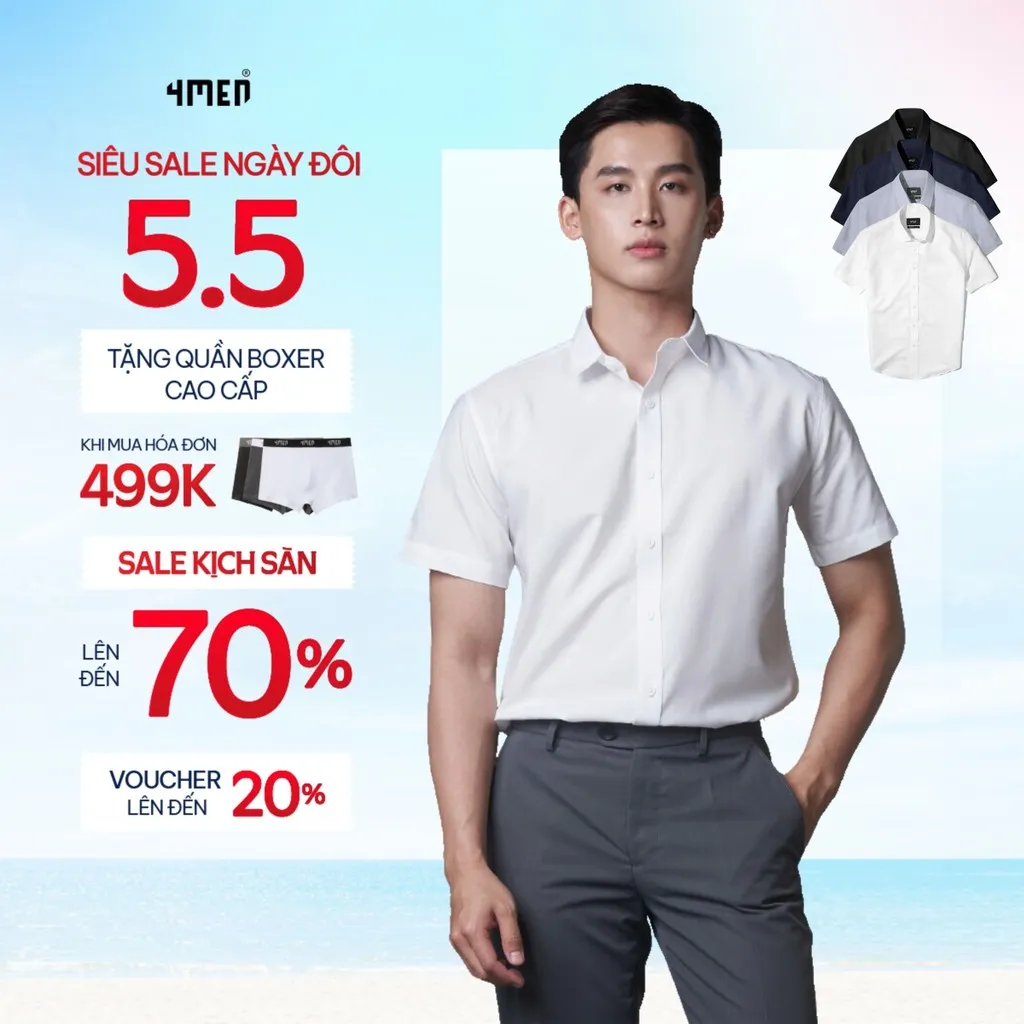Ảnh Áo sơ mi nam tay ngắn trơn đẹp 4MEN SM087 vải lụa chéo mềm mịn, hạn chế nhăn, form regular rộng công sở trẻ trung giá rẻ 1