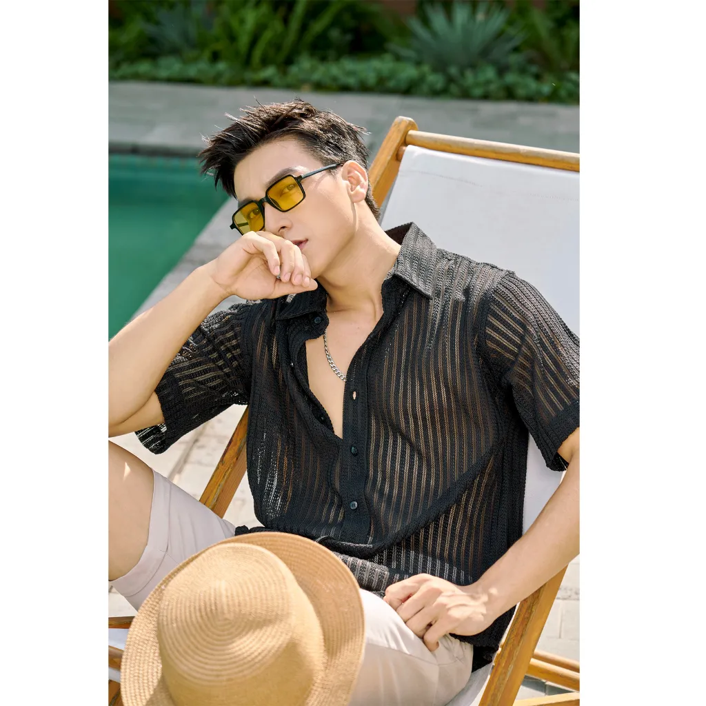 Ảnh Áo Sơ Mi Nam Tay Ngắn Xuyên Thấu Màu Đen/Trắng/Nâu Vải Cotton Sợi Bông Thương Hiệu Mr Twins 1