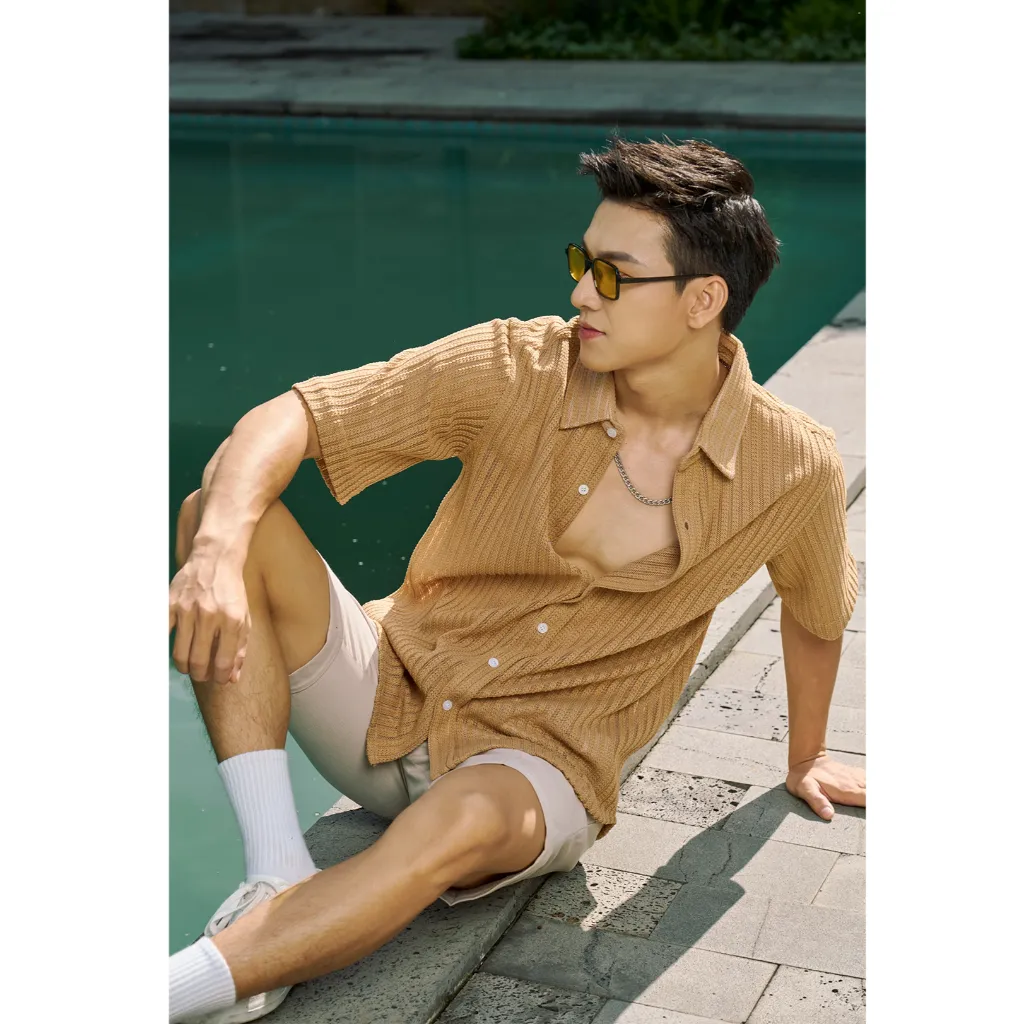 Ảnh Áo Sơ Mi Nam Tay Ngắn Xuyên Thấu Màu Đen/Trắng/Nâu Vải Cotton Sợi Bông Thương Hiệu Mr Twins 2