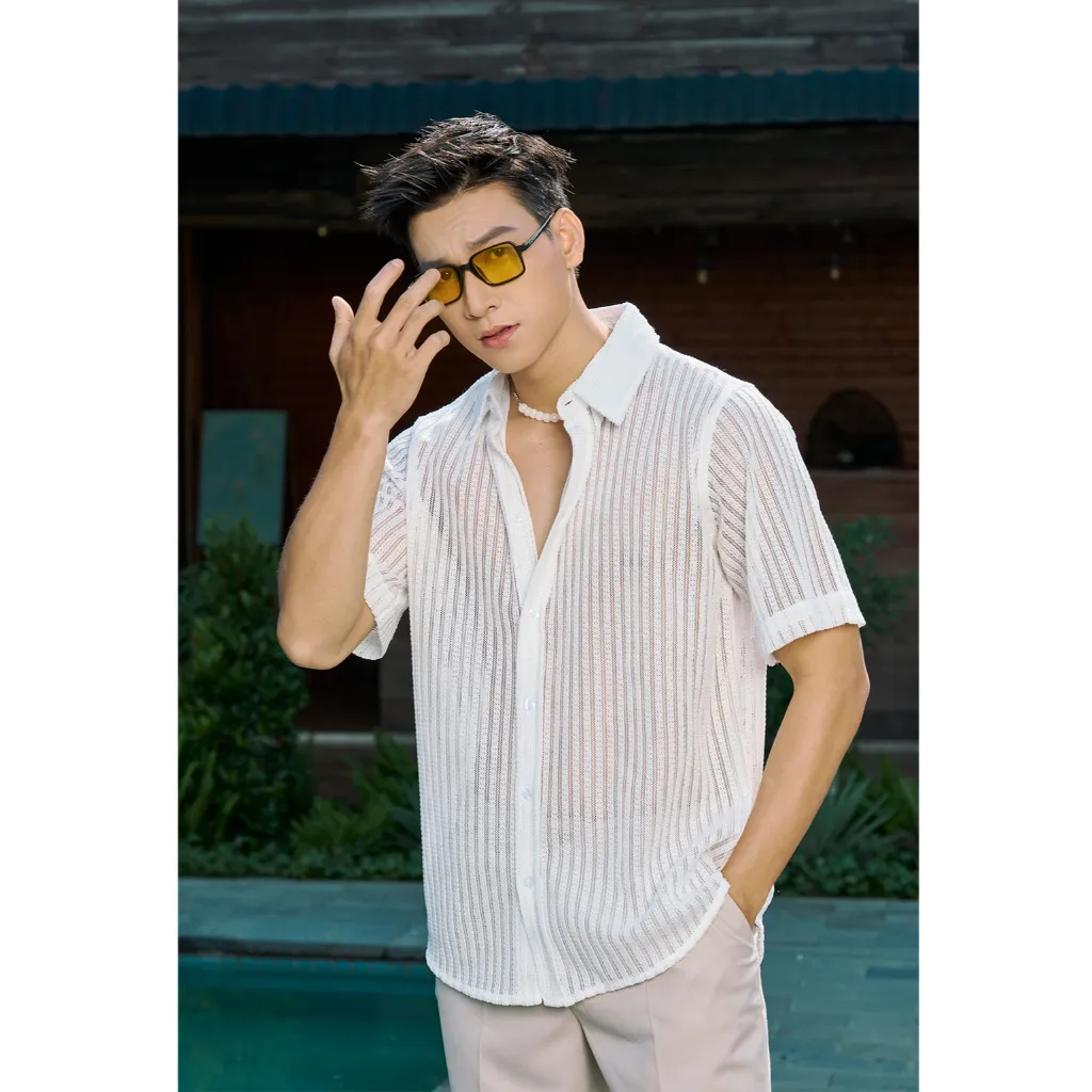 Ảnh Áo Sơ Mi Nam Tay Ngắn Xuyên Thấu Màu Đen/Trắng/Nâu Vải Cotton Sợi Bông Thương Hiệu Mr Twins 3