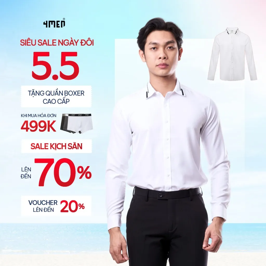 Ảnh Áo Sơ Mi Nam Trắng Tay Dài Vải Lụa 4MEN SM160 Thêu 2 Sọc Lá Cổ Đẹp Trẻ Trung Tinh Tế, Form Slimfit Tôn Dáng 1