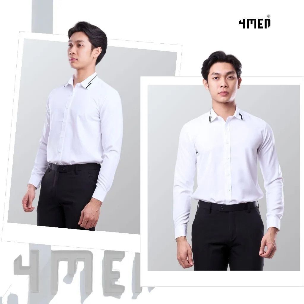 Ảnh Áo Sơ Mi Nam Trắng Tay Dài Vải Lụa 4MEN SM160 Thêu 2 Sọc Lá Cổ Đẹp Trẻ Trung Tinh Tế, Form Slimfit Tôn Dáng 2