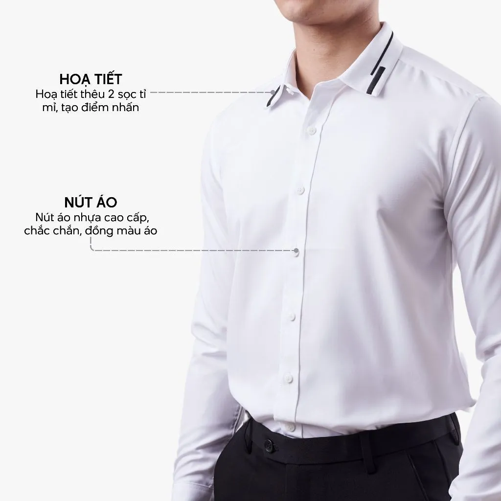 Ảnh Áo Sơ Mi Nam Trắng Tay Dài Vải Lụa 4MEN SM160 Thêu 2 Sọc Lá Cổ Đẹp Trẻ Trung Tinh Tế, Form Slimfit Tôn Dáng 4