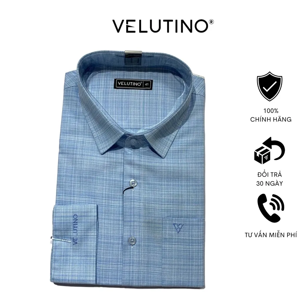 Ảnh Áo sơ mi nam Velutino dài tay cổ bẻ có túi kẻ xanh công sở cao cấp sang trọng 3