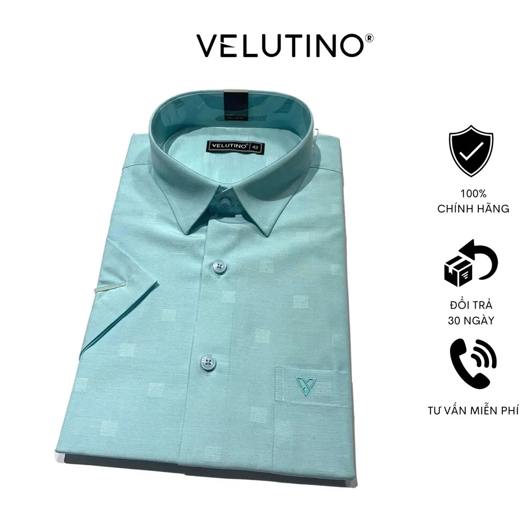 Ảnh Áo sơ mi nam Velutino ngắn tay cổ bẻ có túi xanh họa tiết chấm vuông công sở cao cấp 2