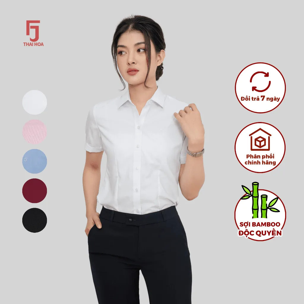 Ảnh Áo sơ mi ngắn tay ASW0301-R10 chất liệu sợi tre trơn các màu form ôm Thái Hòa 2