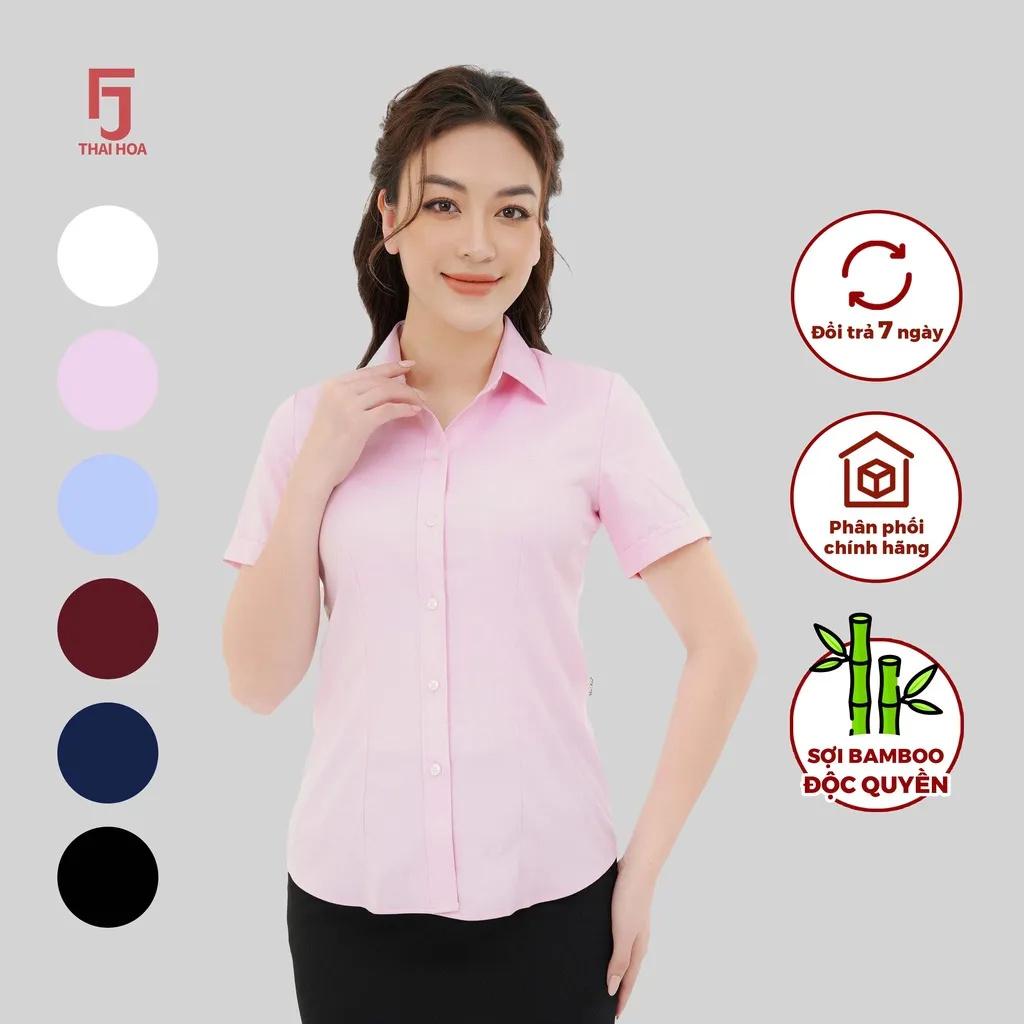 Ảnh Áo sơ mi ngắn tay ASW0301-R10 chất liệu sợi tre trơn các màu form ôm Thái Hòa 3