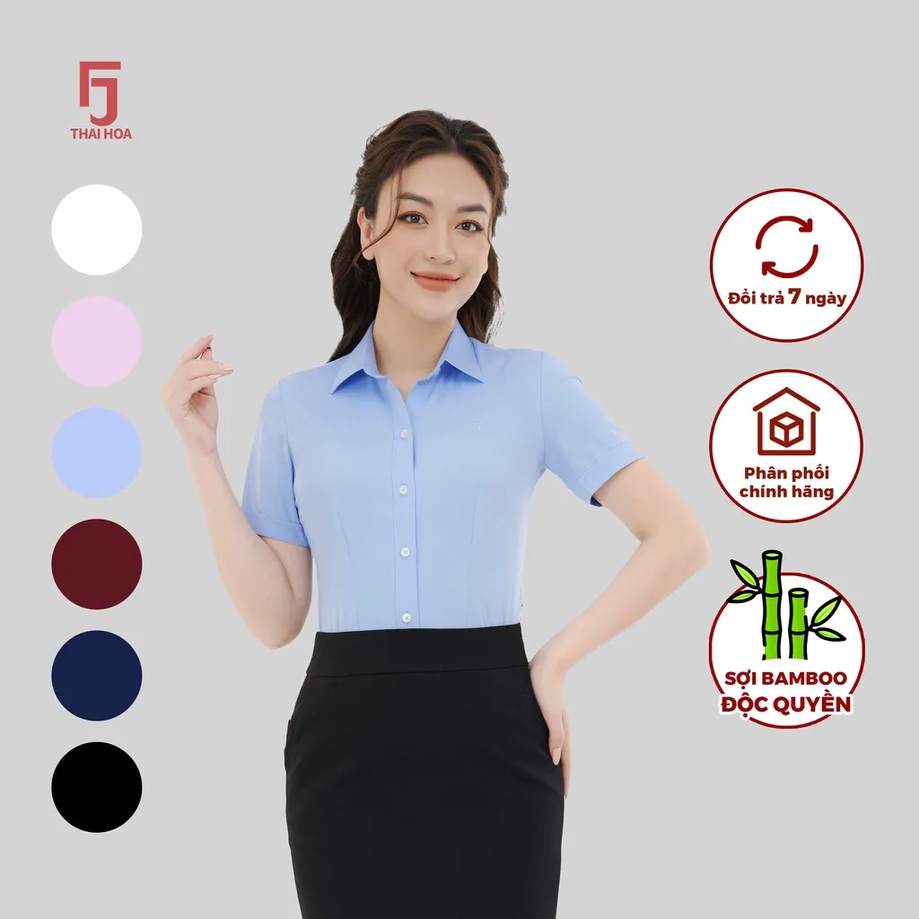 Ảnh Áo sơ mi ngắn tay ASW0301-R10 chất liệu sợi tre trơn các màu form ôm Thái Hòa 4