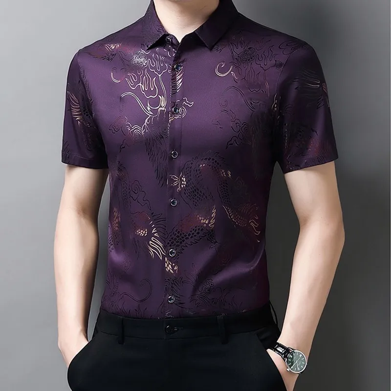 Ảnh Áo sơ mi ngắn tay họa tiết rồng thông thường thoáng khí dành cho nam IELGY 2