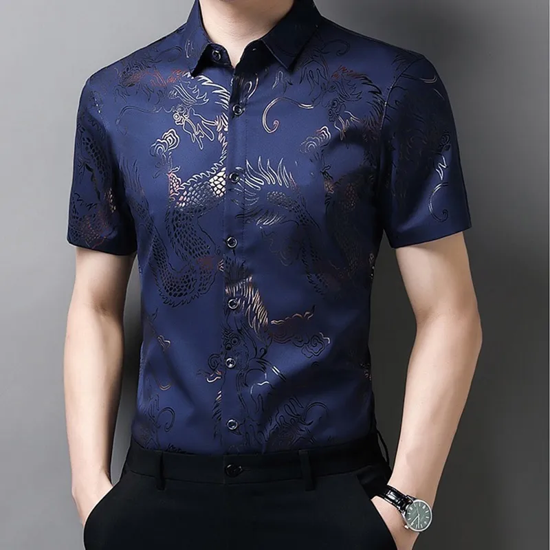 Ảnh Áo sơ mi ngắn tay họa tiết rồng thông thường thoáng khí dành cho nam IELGY 3