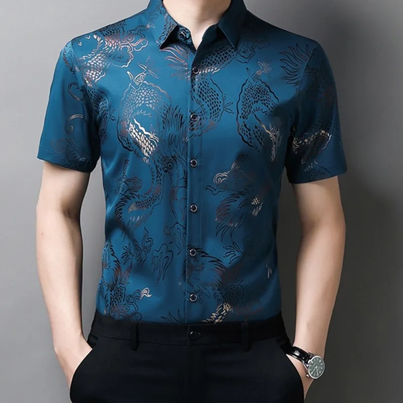 Ảnh Áo sơ mi ngắn tay họa tiết rồng thông thường thoáng khí dành cho nam IELGY 4