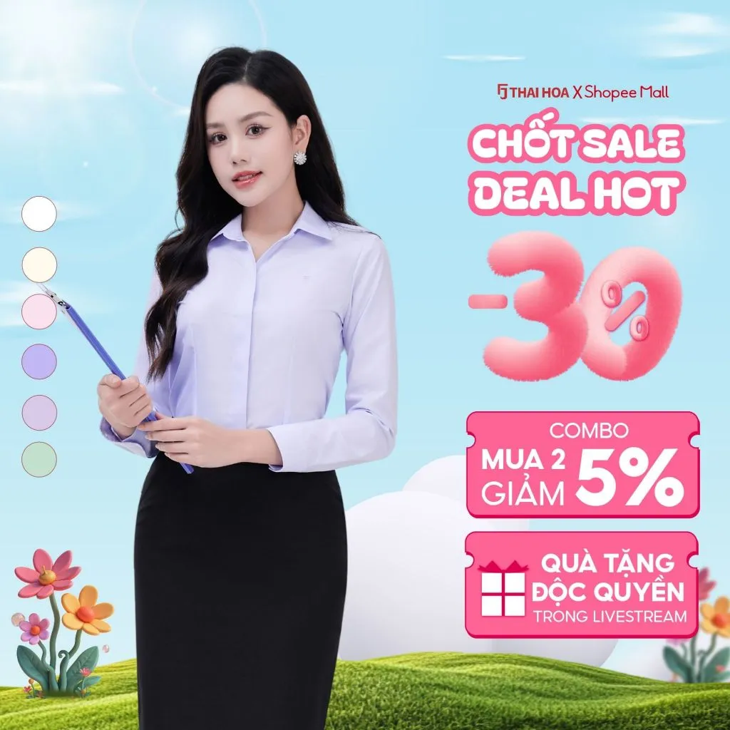 Ảnh Áo sơ mi nữ 23ASW-102 chất liệu cotton form ôm trơn bản nẹp khuy cao cấp dài tay Thái Hòa 1