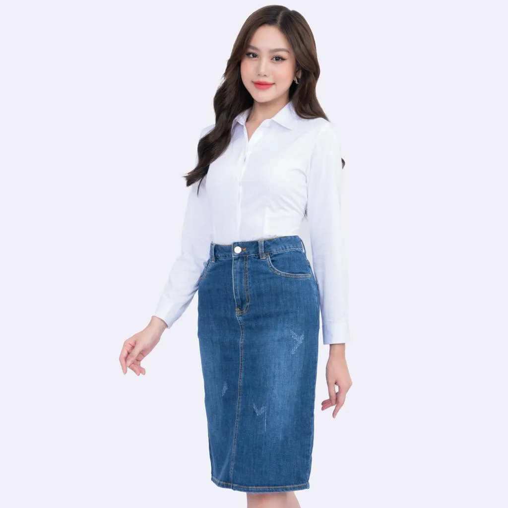 Ảnh Áo sơ mi nữ 23ASW-102 chất liệu cotton form ôm trơn bản nẹp khuy cao cấp dài tay Thái Hòa 4