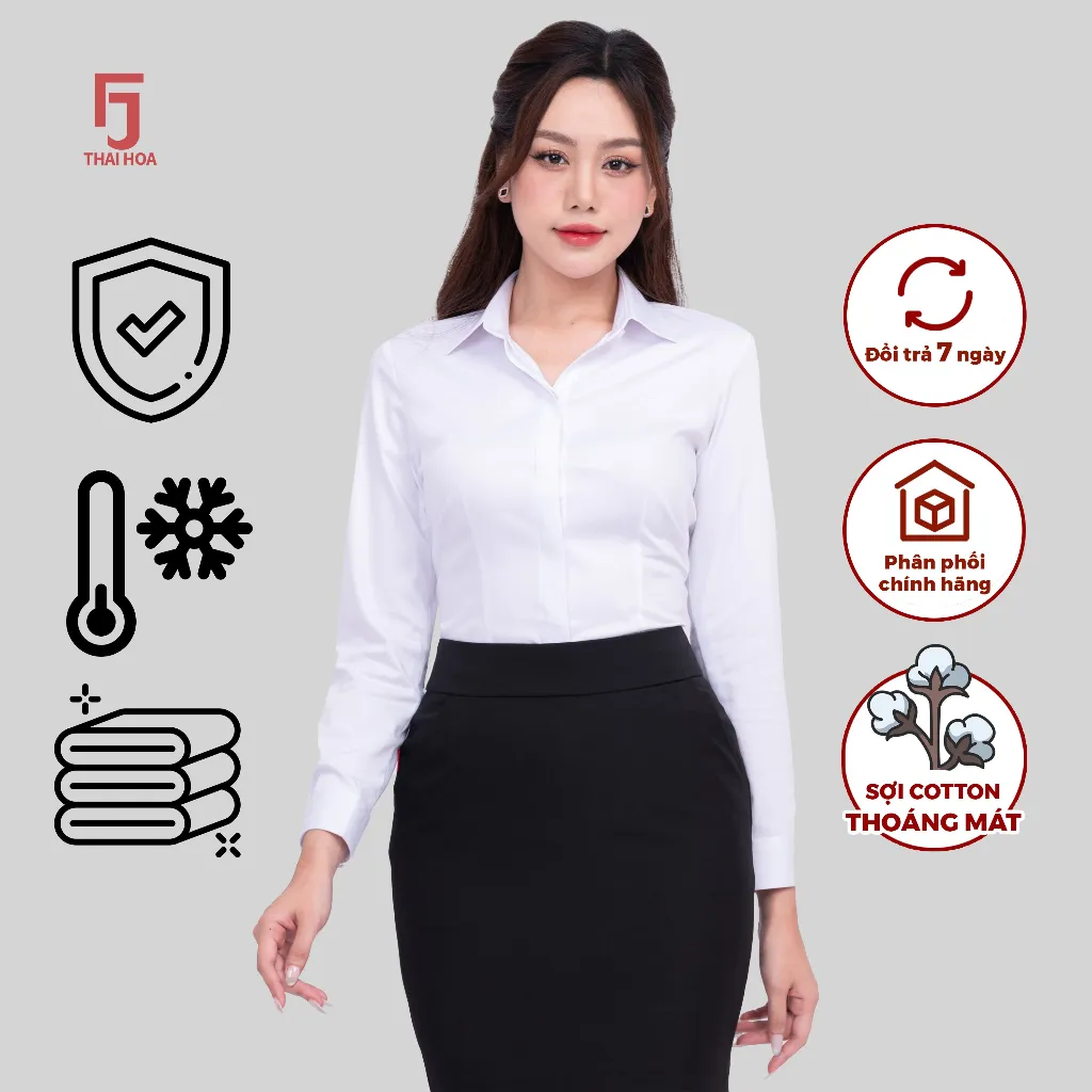 Ảnh Áo sơ mi nữ 23ASW-216 dài tay sợi cotton phối poly vải trơn cao cấp nẹp khuy giấu cúc Thái Hòa 1