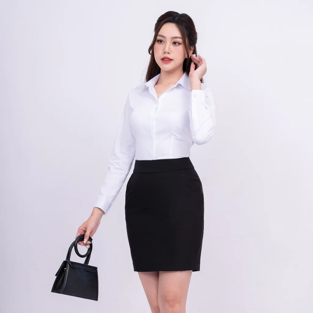 Ảnh Áo sơ mi nữ 23ASW-216 dài tay sợi cotton phối poly vải trơn cao cấp nẹp khuy giấu cúc Thái Hòa 2
