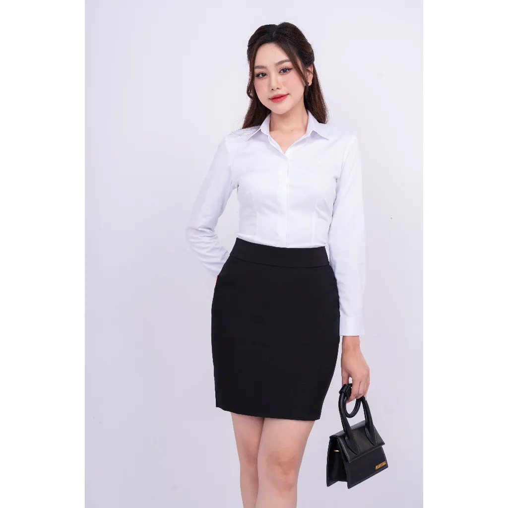 Ảnh Áo sơ mi nữ 23ASW-216 dài tay sợi cotton phối poly vải trơn cao cấp nẹp khuy giấu cúc Thái Hòa 3