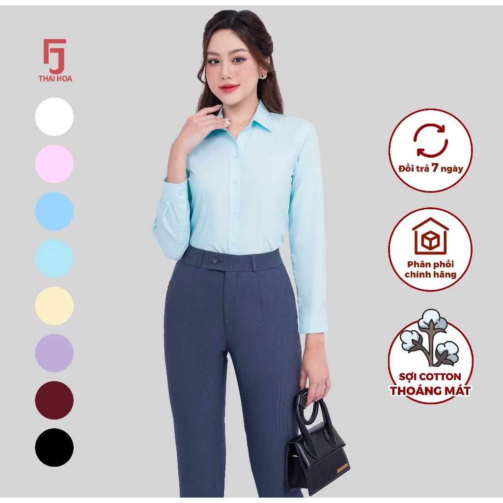 Ảnh Áo sơ mi nữ ASW0101-R01 dài tay form ôm vải cotton trơn các màu Thái Hòa 2
