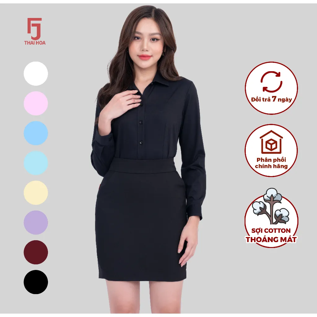 Ảnh Áo sơ mi nữ ASW0101-R01 dài tay form ôm vải cotton trơn các màu Thái Hòa 3