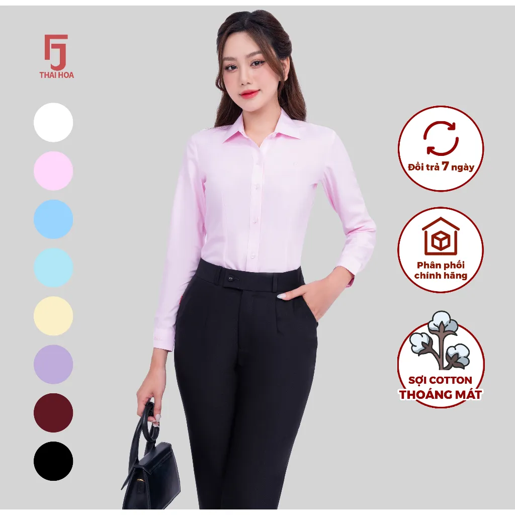 Ảnh Áo sơ mi nữ ASW0101-R01 dài tay form ôm vải cotton trơn các màu Thái Hòa 4