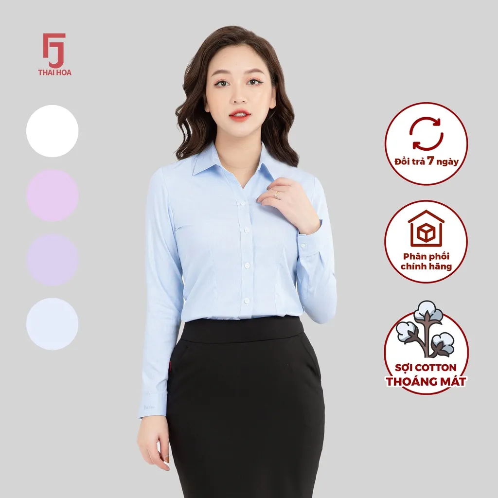 Ảnh Áo sơ mi nữ ASW0101-R04 chất liệu cotton kẻ tăm dài tay form ôm nhiều màu Thái Hòa 3