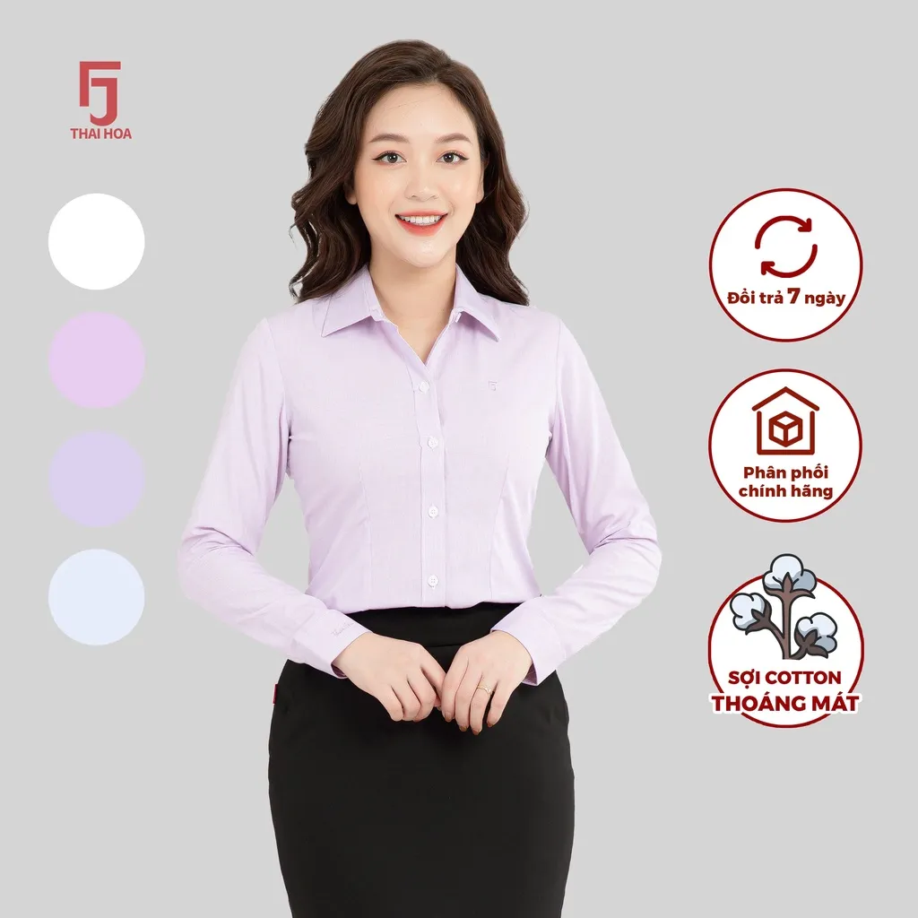 Ảnh Áo sơ mi nữ ASW0101-R04 chất liệu cotton kẻ tăm dài tay form ôm nhiều màu Thái Hòa 4