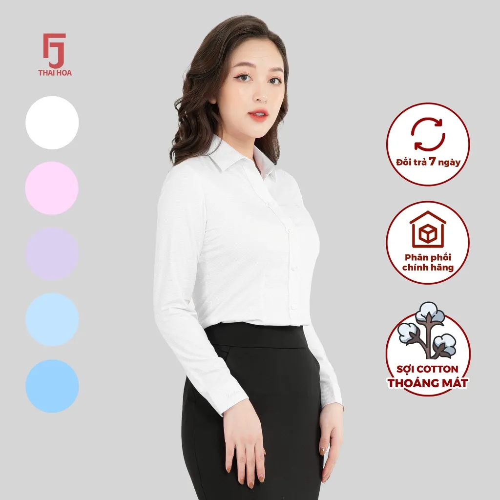 Ảnh Áo sơ mi nữ ASW0101-R05 thiết kế công sở dài tay form ôm kẻ tăm nhiều màu cao cấp Thái Hòa 2