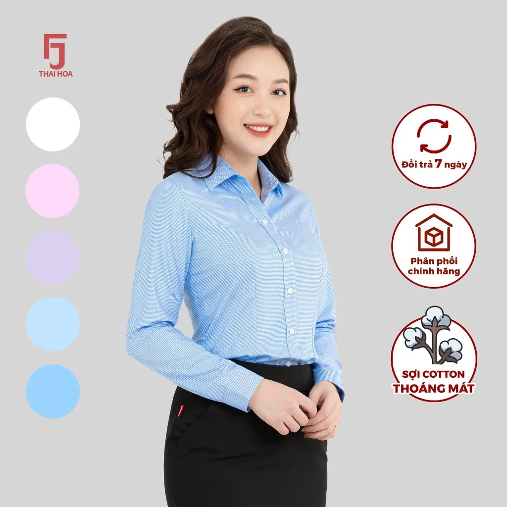 Ảnh Áo sơ mi nữ ASW0101-R05 thiết kế công sở dài tay form ôm kẻ tăm nhiều màu cao cấp Thái Hòa 3