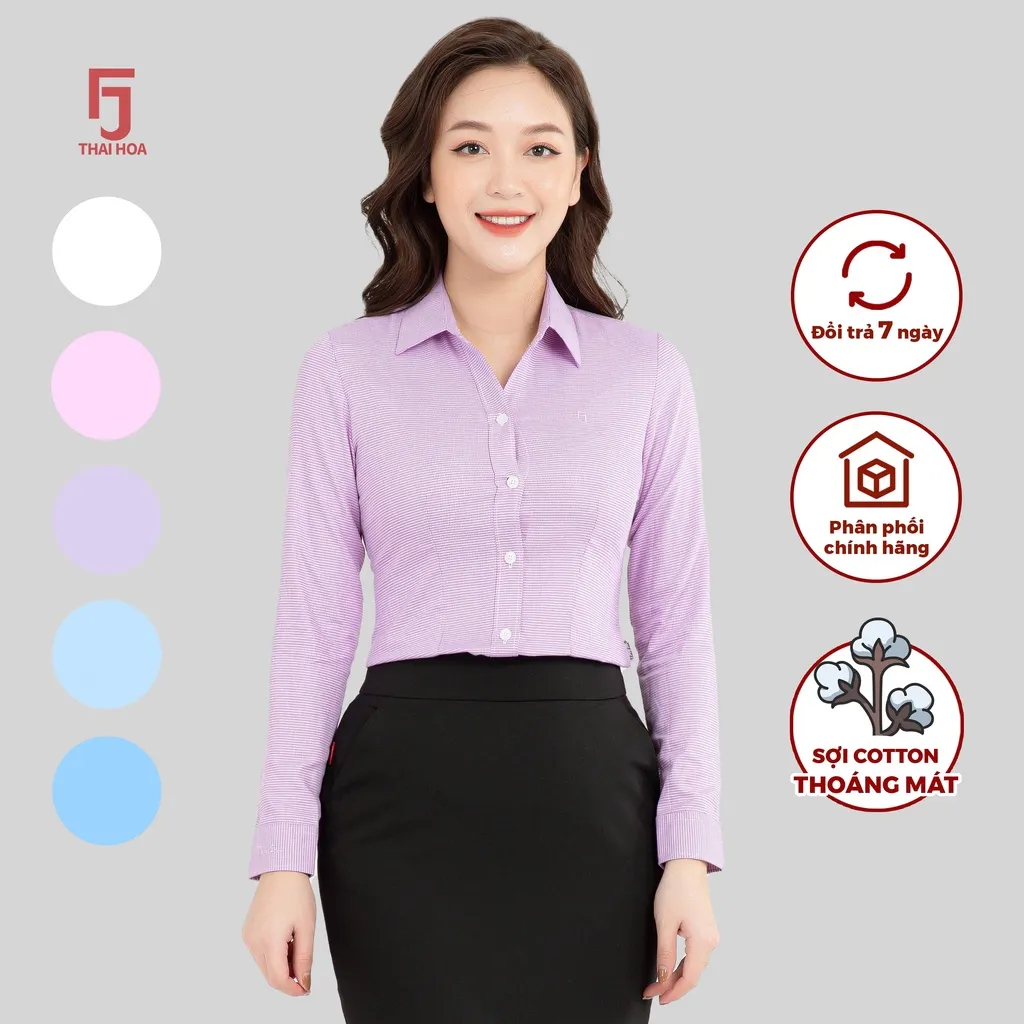 Ảnh Áo sơ mi nữ ASW0101-R05 thiết kế công sở dài tay form ôm kẻ tăm nhiều màu cao cấp Thái Hòa 4