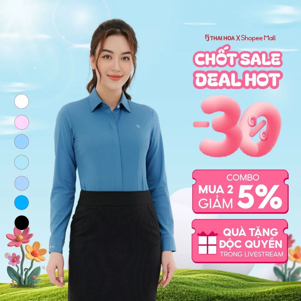 Ảnh Áo sơ mi nữ ASW0101-R12 cổ đức dài tay form ôm vải sợi tre kẻ chìm nhiều màu Thái Hòa 1